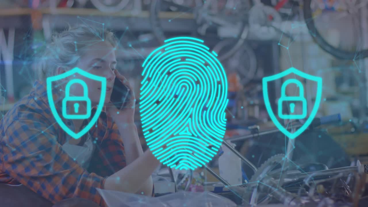 Woman raising smartphone and listening in bike shop, animated fingerprint growing and verifying ID