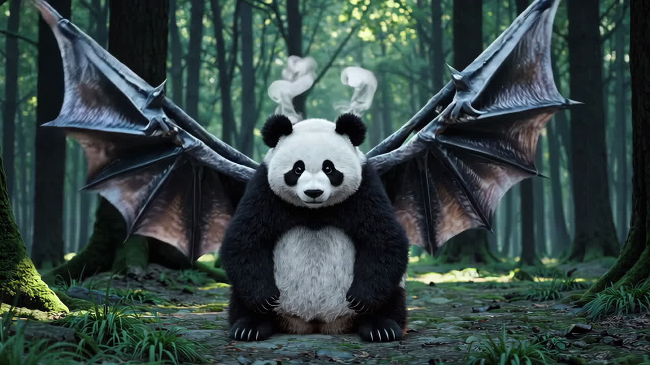 panda con alas de dragón en un bosque