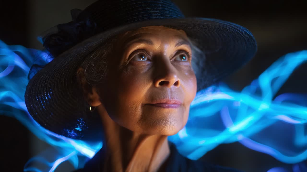 A Captivating Portrait of an Elegant Elderly Woman in a Stylish Hat, Illuminated by Ethereal Blue Light Trails, Exuding Wisdom and Grace Through Her Mesmerizing Expression in a Dreamlike Atmosphere
