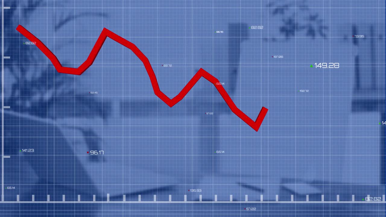 Animation of falling graph, changing numbers over grid pattern against unoccupied chair and laptop