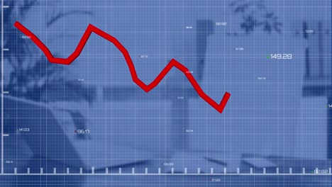 animation of falling graph, changing numbers over grid pattern against unoccupied chair and laptop