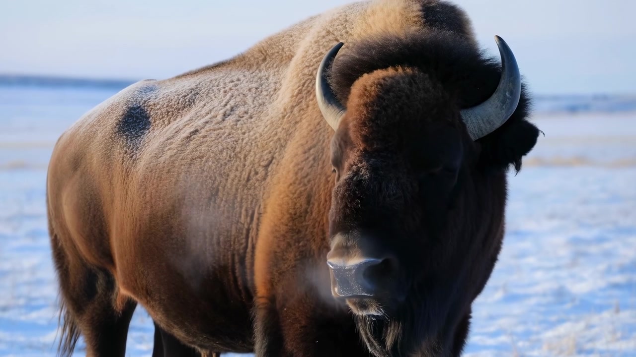 Maestoso bisonte nella prateria innevata, vapore del respiro visibile contro il cielo blu freddo, folta pelliccia marrone, corna ricurve
