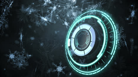runde neonscanner über schneeflocken-ikonen, die gegen grauen hintergrund fallen