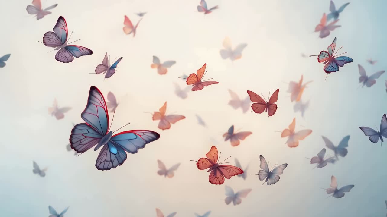 Animazione che inizia con uno sciame di farfalle che fluttua su uno sfondo chiaro, proiettando ombre morbide.