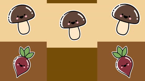 animación de iconos de remolacha y hongos sobre fondo marrón
