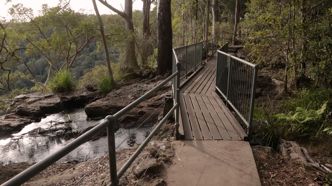 imágenes de mano del cruce del arroyo en el paseo de las cataratas de purlingbrook, parque nacional de springbrook, interior de la costa de oro, queensland, australia