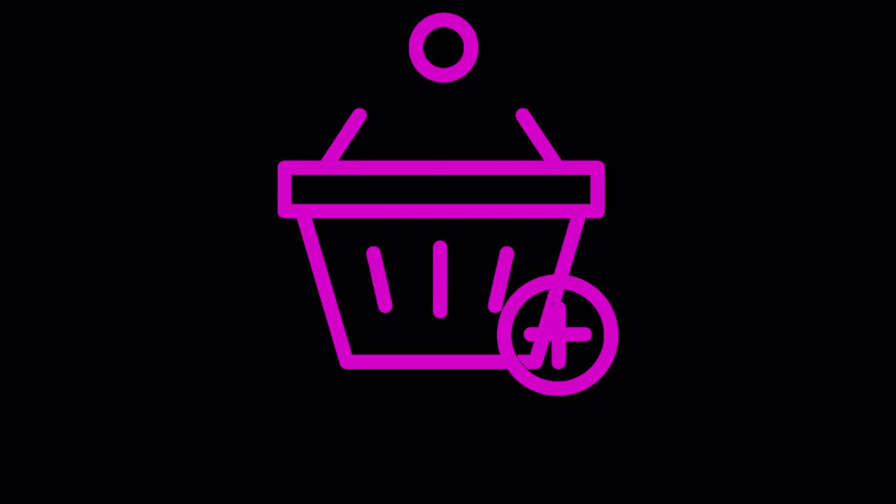 Icono animado de cesta de la compra magenta con artículo añadiéndose