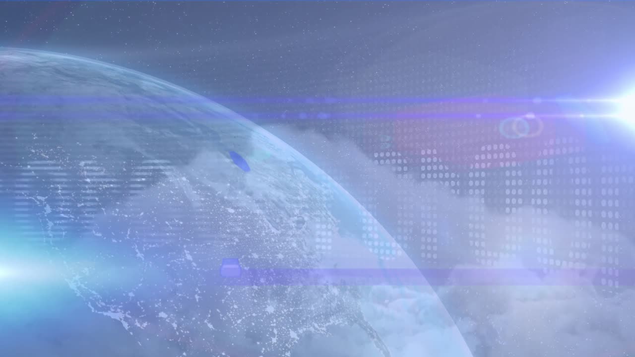 파란색 배경에 대한 전 세계에 대한 빛의 반점과 이진 코딩의 애니메이션