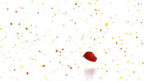 animation of confetti falling over red heart icon bouncing in seamless pattern on white background