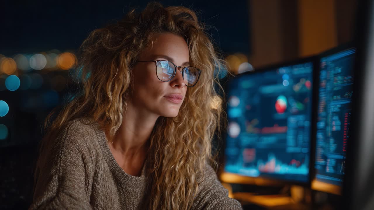 A focused young woman works late into the night, analyzing data on multiple screens while enjoying a moment of joy and satisfaction in a tech-driven environment