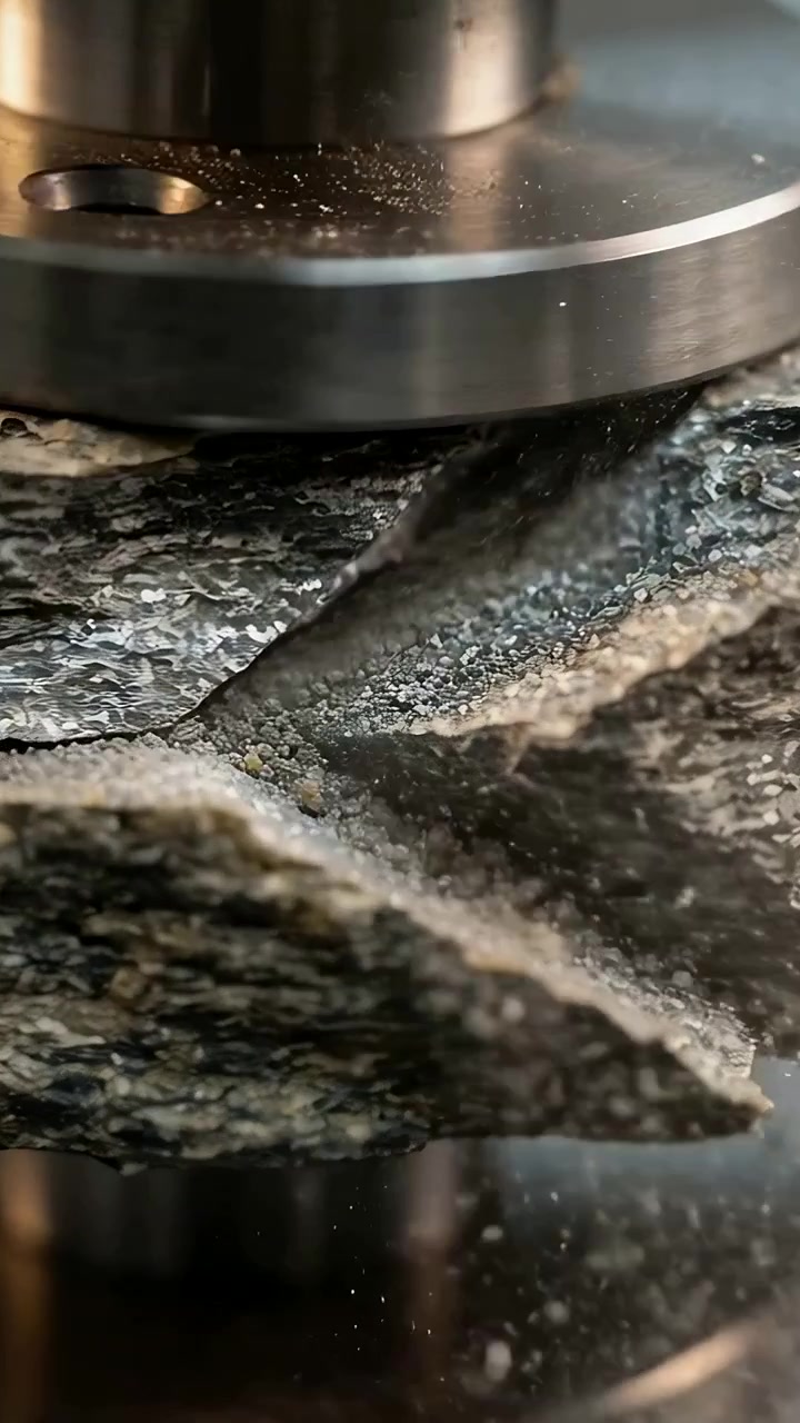 Video verticale: Testa di pressa circolare che si abbassa comprimendo roccia stratificata su un banco da laboratorio.