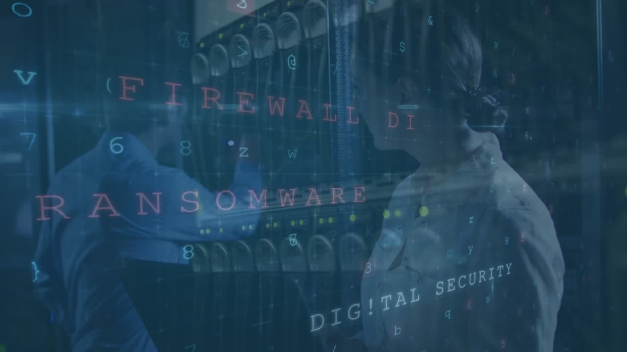 Animation of data processing over diverse people in server room