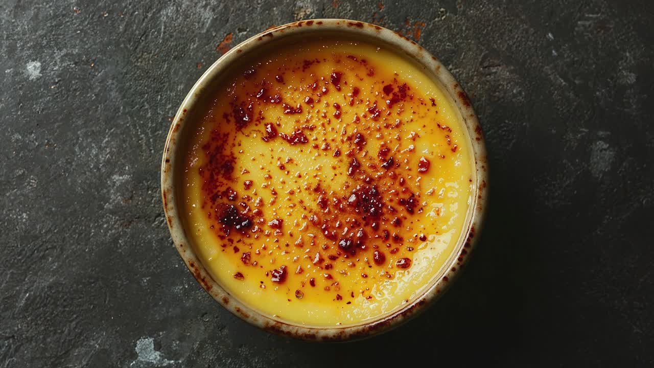 vista superior del clásico postre de creme brulee en un entorno rústico