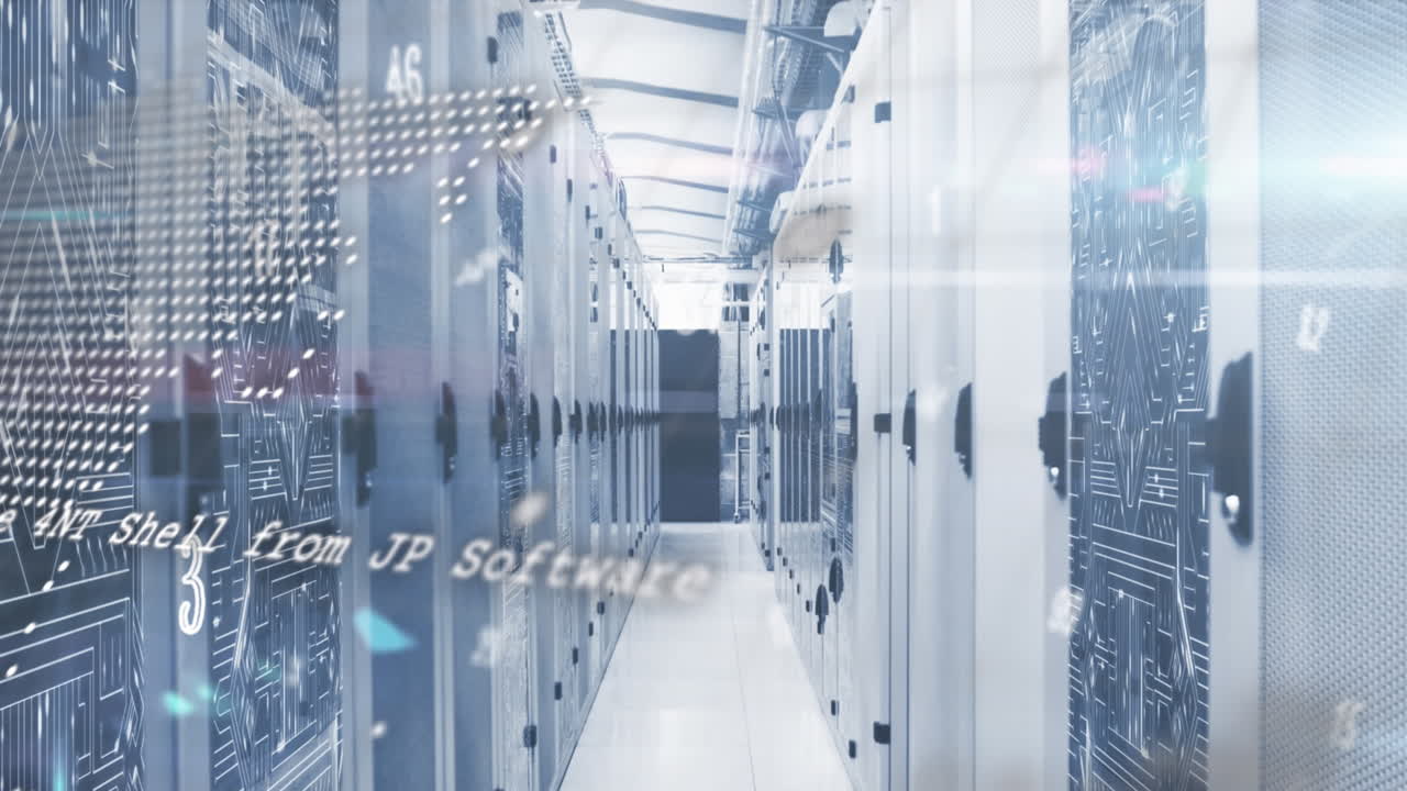 Animation of numbers, symbols, world map and data processing against computer server room