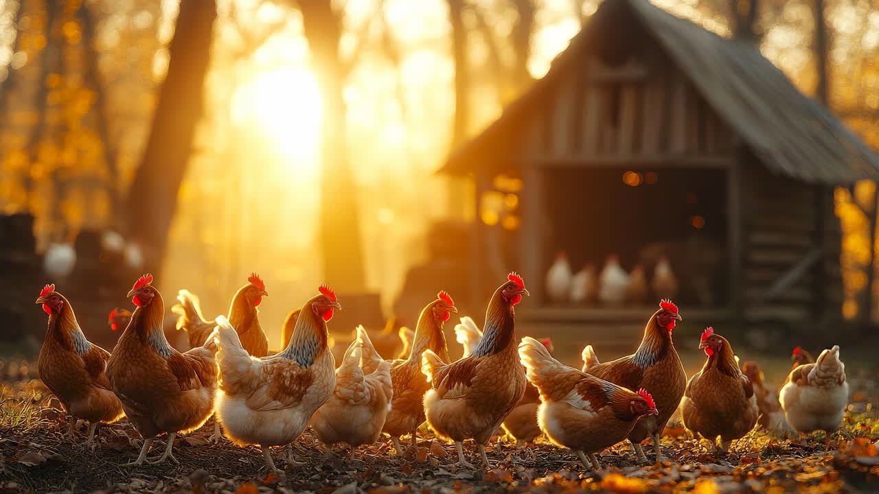 Chickens walking in front of a barn during sunset in an outdoor farm setting in the fall