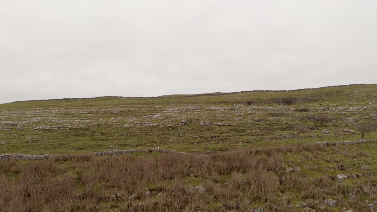 el descenso aéreo revela el pico de piedra caliza de burren.
