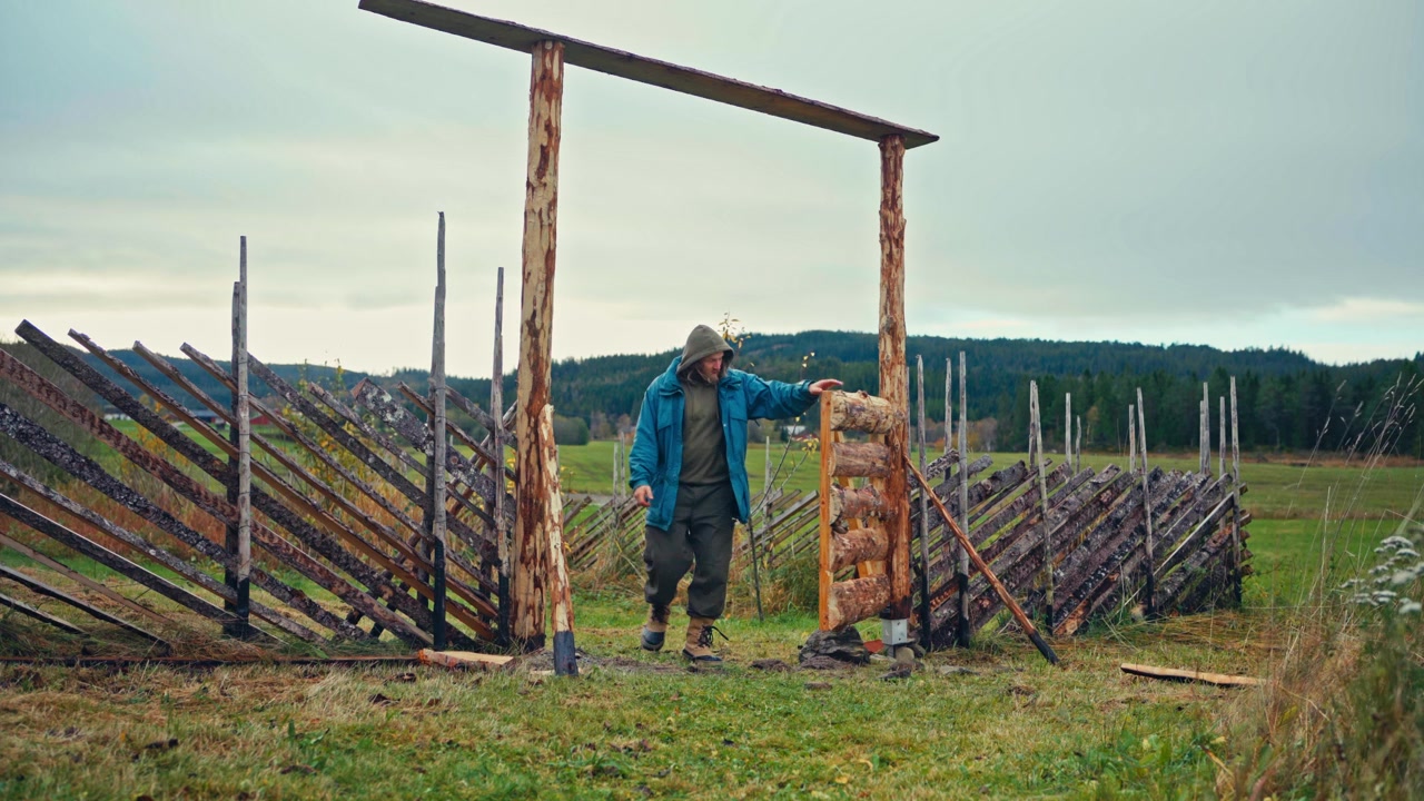 Uomo che assembla una tradizionale recinzione Skigard storica fatta di legno rustico. Campo lungo