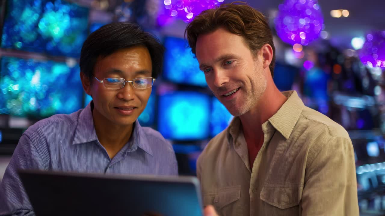 Two individuals engaging in a collaborative discussion while observing a digital device, surrounded by visually vibrant screens and ambient lighting, showcasing innovation and interaction in a modern environment