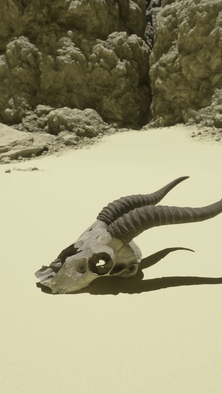 Ram skull on sand near rocky formations in desert landscape