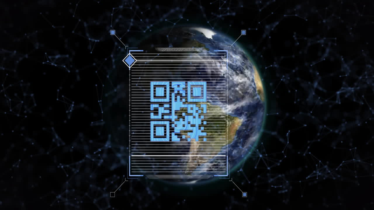 animación de la red de conexiones con código qr sobre el globo sobre fondo negro