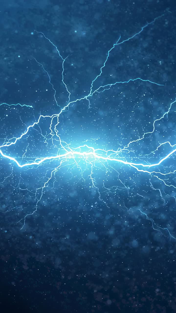 Vertical video: Pulsing wide arc flaring core, sparking vertical and branching bolts in blue void