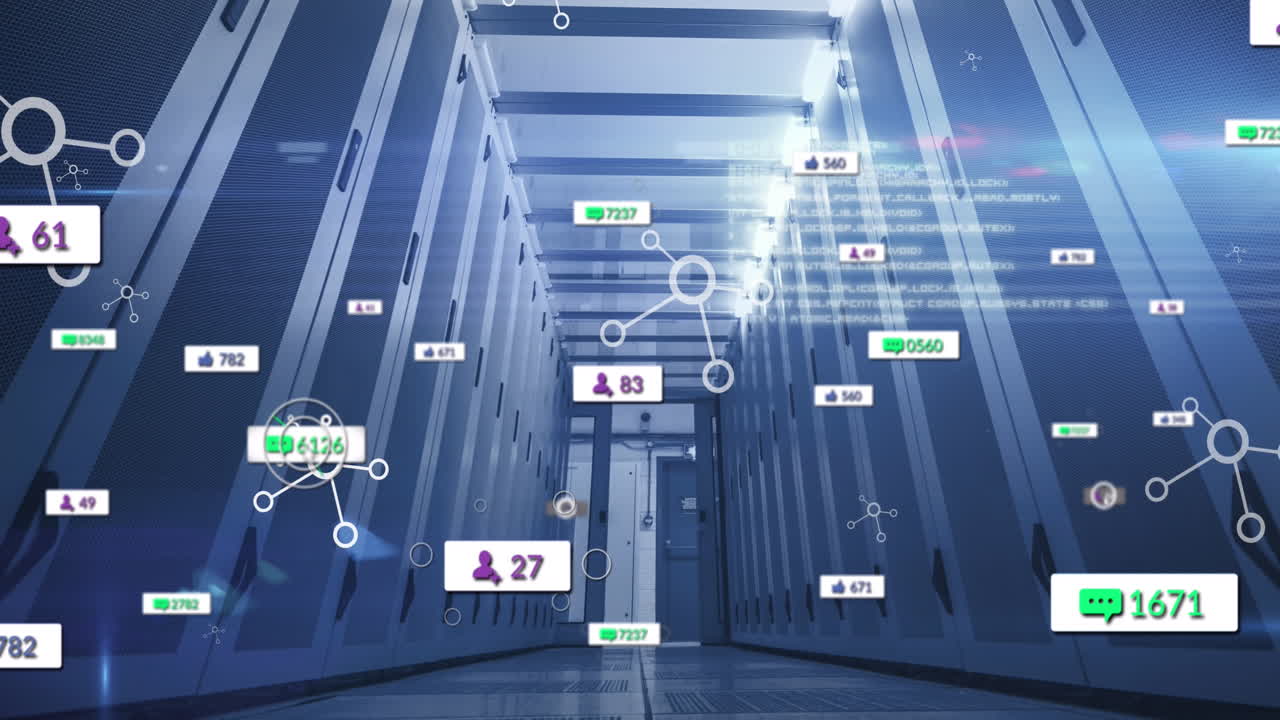 소셜 미디어 아이콘의 애니메이션과 컴퓨터 서버를 통한 데이터 처리