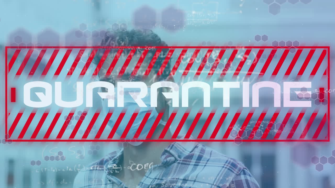 animación del texto de cuarentena de covid 19 sobre el hombre con máscara facial