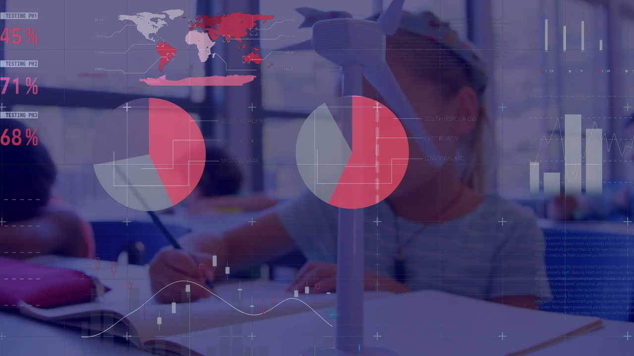 animación de procesamiento de datos en gráficos sobre niña caucásica con molino de viento en clase de escuela primaria