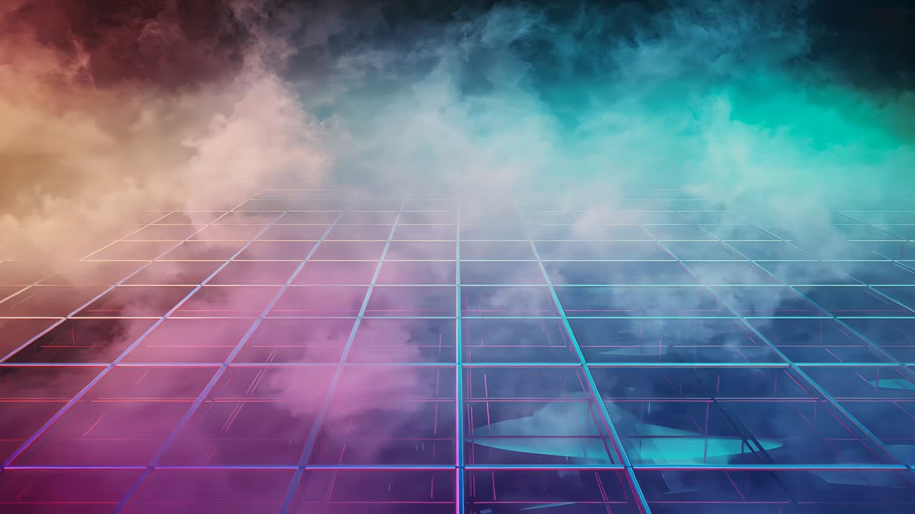 Shifting neon grid plane reflecting magenta or teal fog while fog drifting, cyan oval fading retro s
