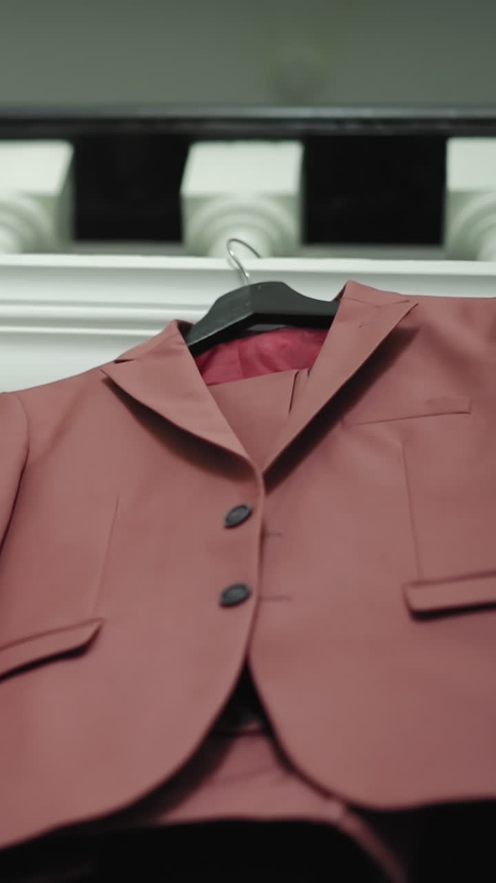 Elegant vintage dress and pantsuit for newlywed couple hang in classic style room low angle shot. Bridal style fashion. Festive outfit for wedding ceremony