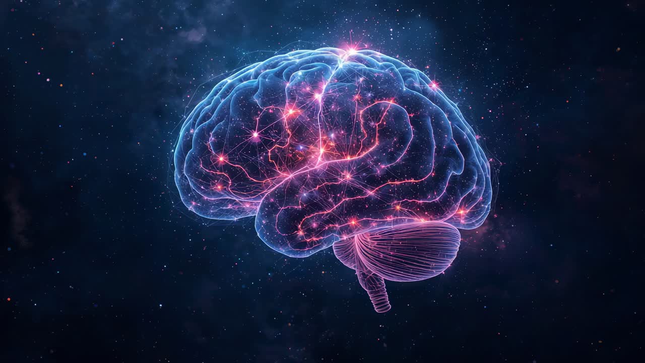 Powering 3D brain model rotating clockwise in star field, pulsating neural activation for research