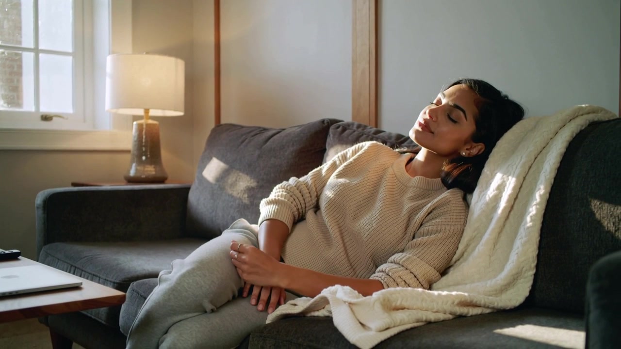Mulher relaxando de suéter creme, se ajeitando no sofá em casa, enquanto a luz do sol a convida ao descanso.