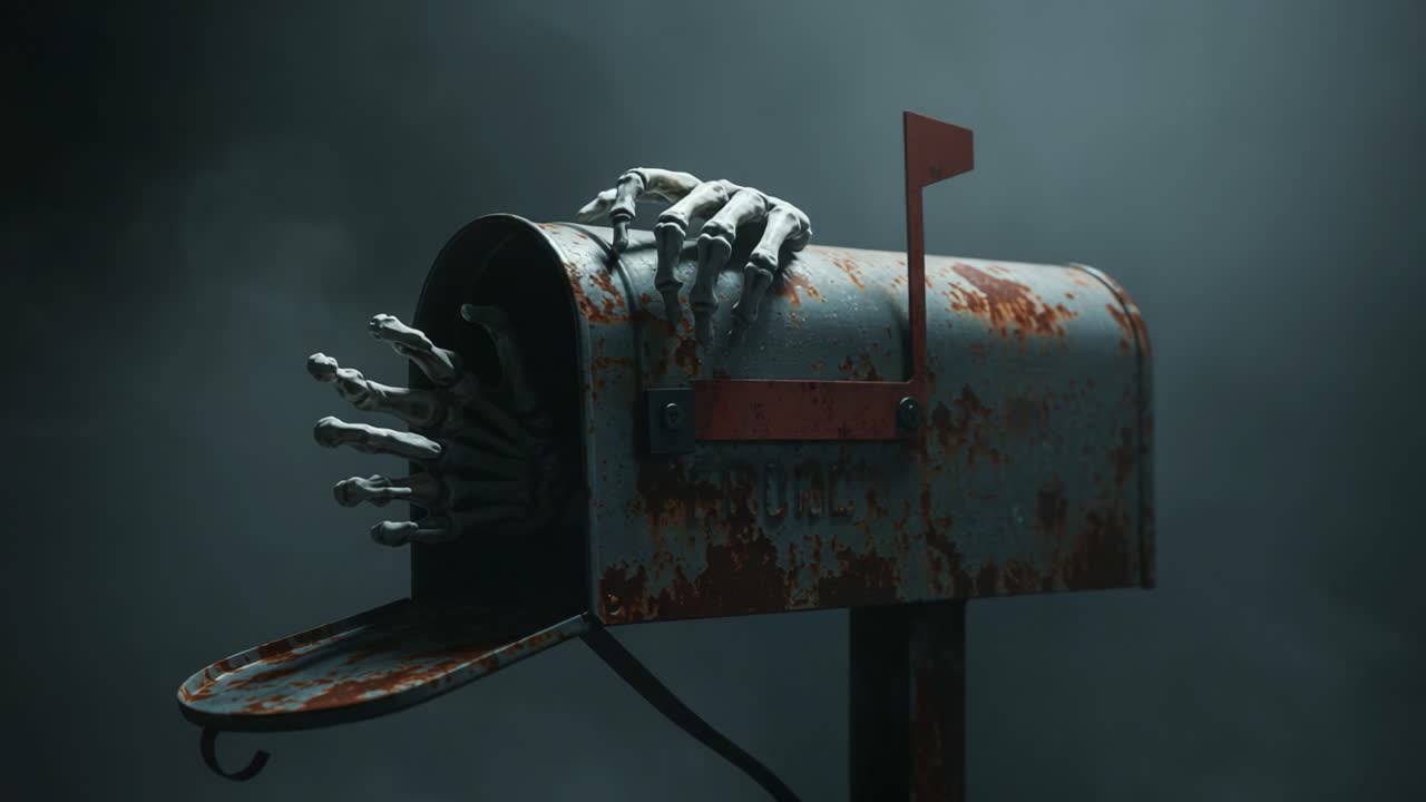 Eerie Mailbox: A Sinister Hand Emerging from a Rusty Mailbox Surrounded by Mist, Evoking Feelings of Mystery and Intrigue in a Dark Atmosphere