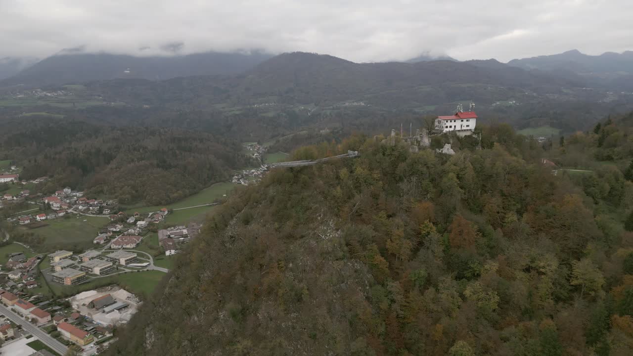 Aerial View of a Castle in the Mountains of Slovenia