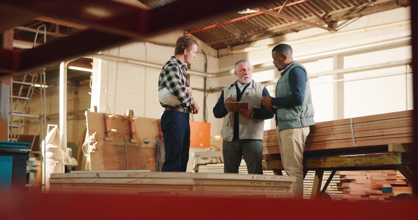 Three Men Discussing Construction Plans in a Woodworking Workshop