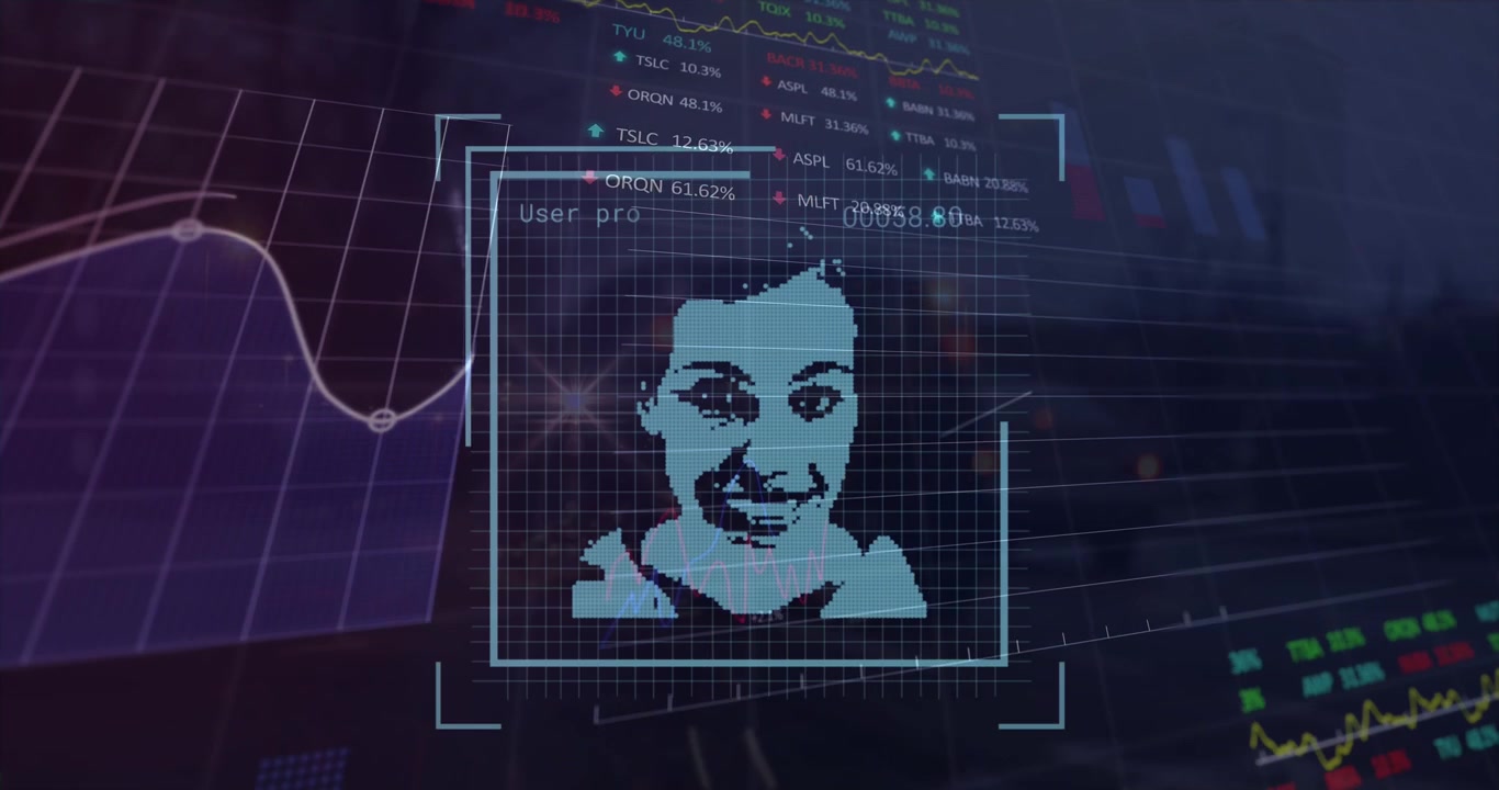 Animation of data processing over people icons and cityscape