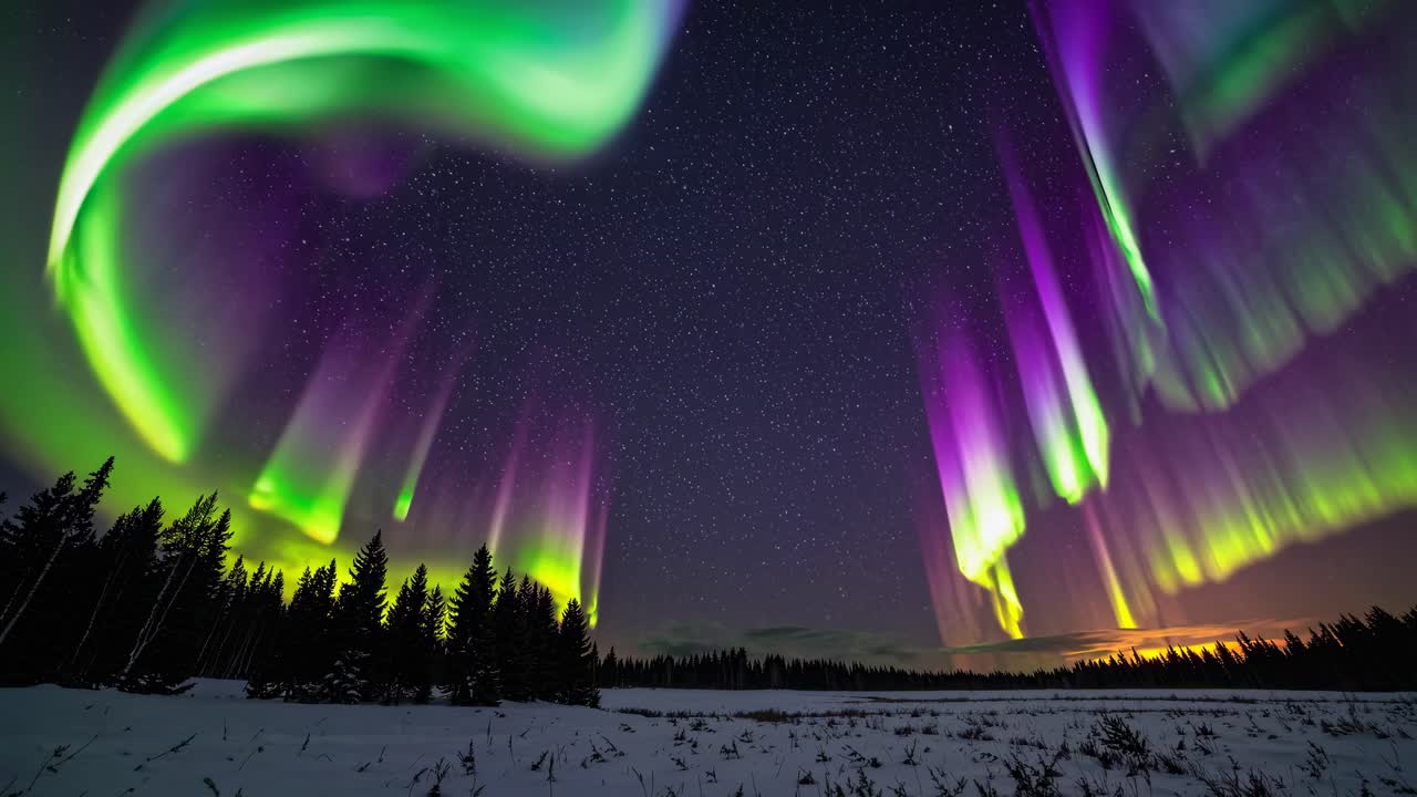 A mesmerizing wide-angle video captures vibrant auroras dancing over a snowy forest, blending green