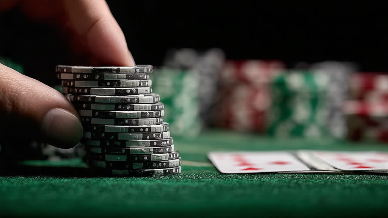 The Intense Moment of a Card Game: A Player's Hand Approaches a Towering Stack of Chips, Signifying High Stakes and Strategic Moves in the World of Gambling