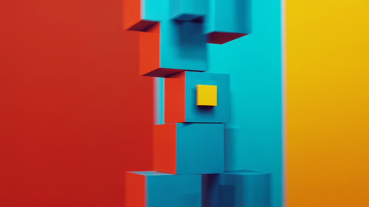 On start glossy cyan cubes rotating, yellow cube pulsing retracting, resetting at red yellow panels