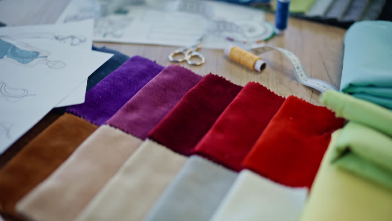 Colorful palette fabric samples with sewing tools in tailoring studio closeup