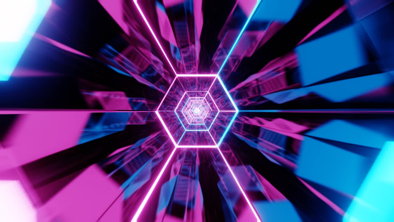 fondo de neón abstracto. volando a través del corredor de hexágonos. animación 4k sin fisuras.