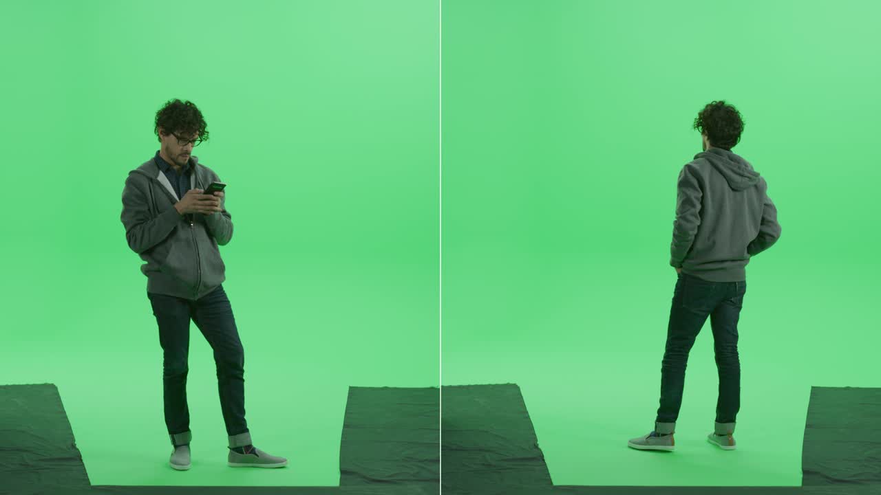 2 인 1 녹색 화면 콜라지: 캐주얼 옷을 입은 잘생긴 웃는 젊은 남자가 스마트폰을 사용하고, 인터넷을 탐색하고, 소셜 미디어를 확인합니다.