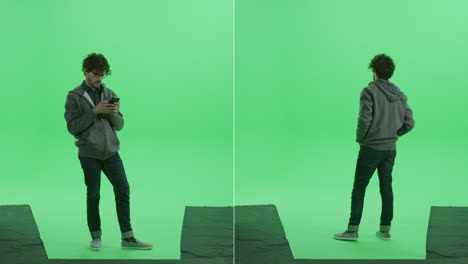 colage de pantalla verde 2-en-1: joven guapo y sonriente vestido con ropa casual usa teléfono inteligente, navega por internet, revisa las redes sociales. vista frontal disparada por una cámara media. paquete de mejor valor de múltiples ángulos