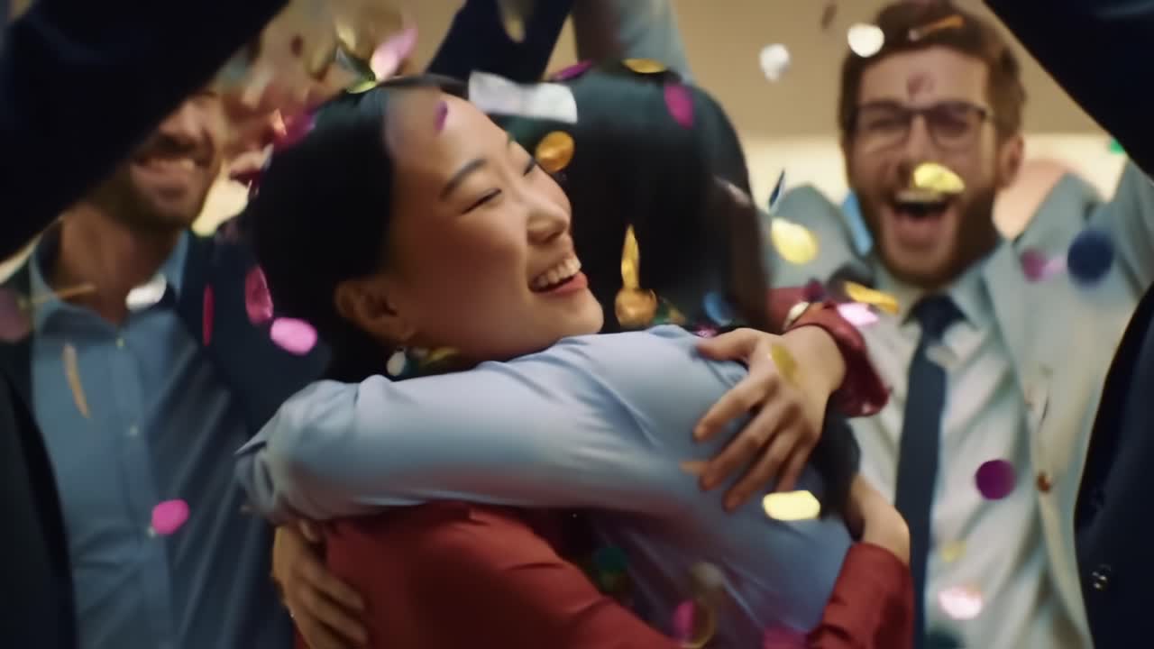 A Joyous Celebration: Two Friends Embrace Amidst Colorful Confetti at a Lively Gathering Filled with Smiles, Laughter, and Cherished Memories