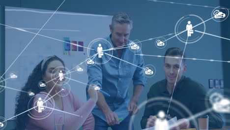 collaborating in office, business team using digital network animation for project