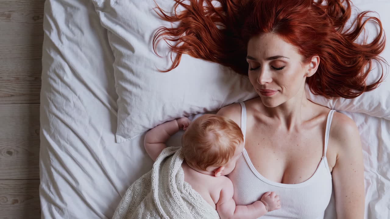 Mother and Baby Resting in Bed