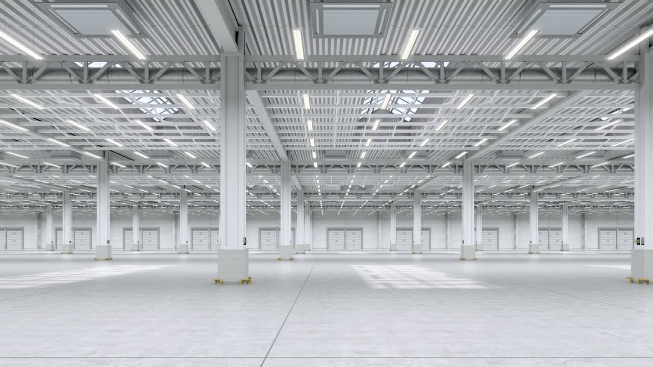 Bright empty warehouse interior hall. Camera horizontal infinite move in empty storage room.