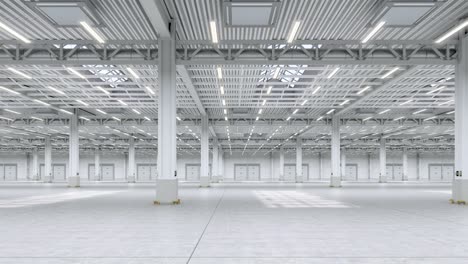 bright empty warehouse interior hall. camera horizontal infinite move in empty storage room.