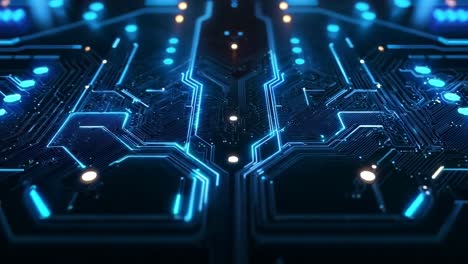 un primo piano di un circuito con luci blu