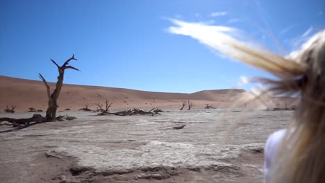 slomo over the shoulder of young millenial woman in deadvlei surrounded by dead trees against a blue sky